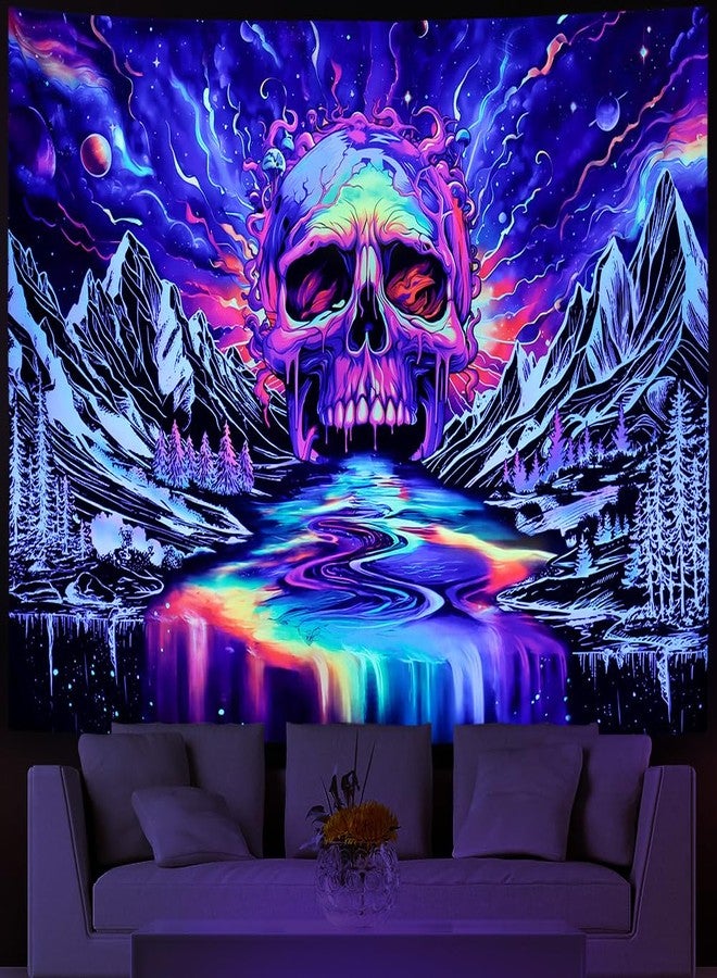Lahasbja Blacklight Skull Tapestry UV Reactive Galaxy Mountain Planet Tapestries Magic Neon River Wall Hanging Aesthetic Skeleton Wall Decor Forest Trees Landscape Backdrop for Living Room - Image 3